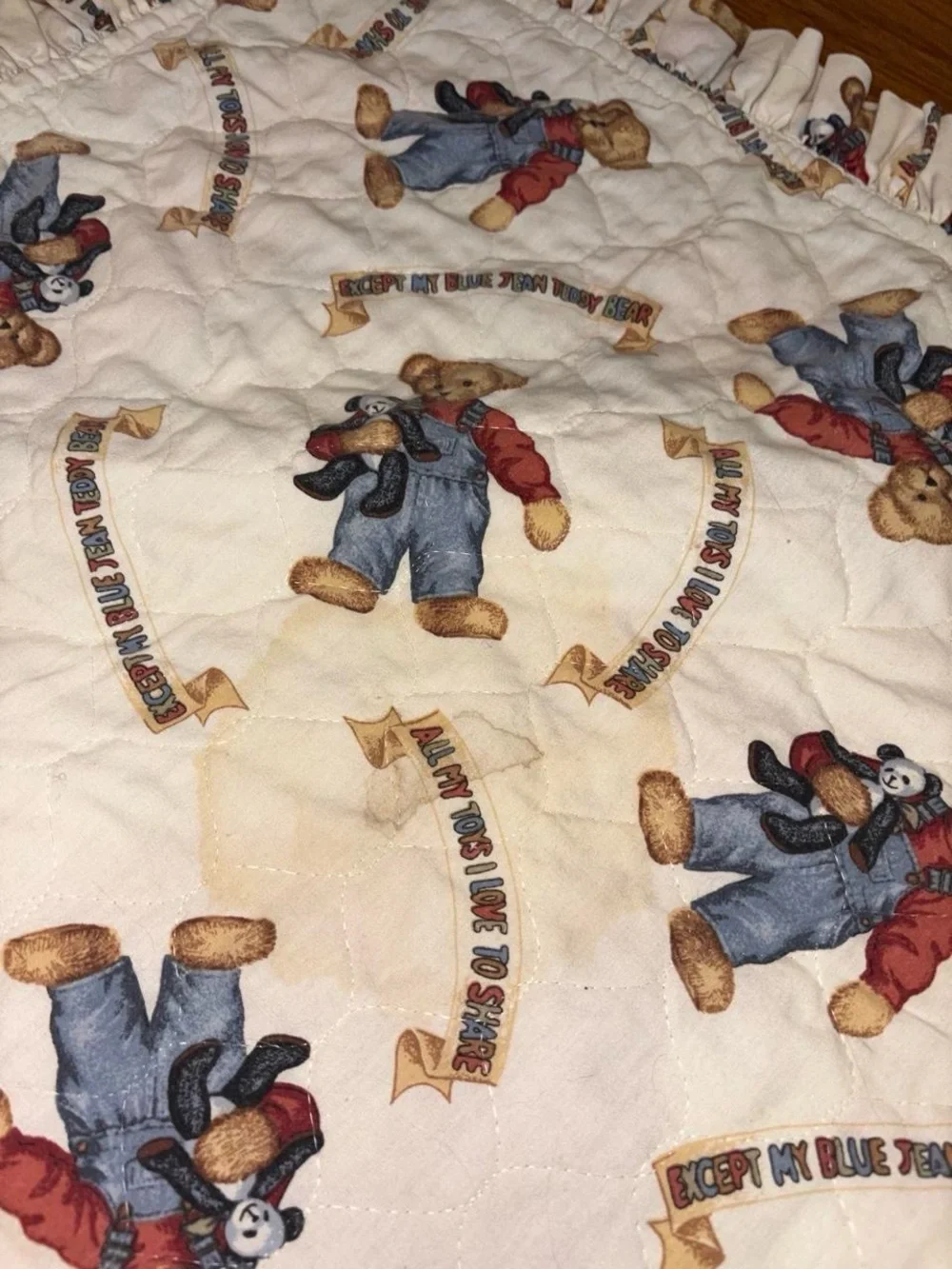Vintage 90s blue jean teddy bear quilt 44x35
